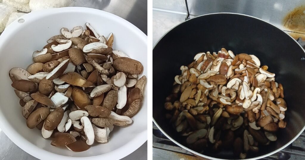 調理前のしいたけをたっぷりボウルに入れた様子。とらいあんぐる農園で収穫された新鮮なしいたけ。