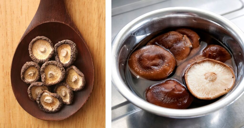 とらいあんぐる農園の干し椎茸と、水で戻してふっくらした椎茸。竜田揚げの下ごしらえの様子