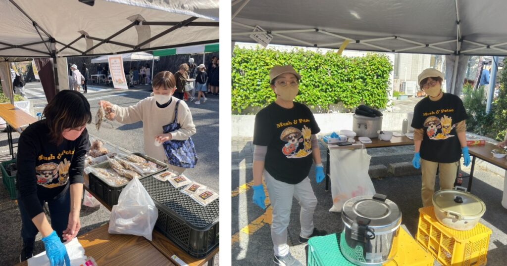 とらいあんぐるカフェの販売ブースでとらいあんぐる農園の椎茸商品を手に取る来場者と、商品を準備するスタッフと椎茸カレーの提供ブースで待機するスタッフたち。