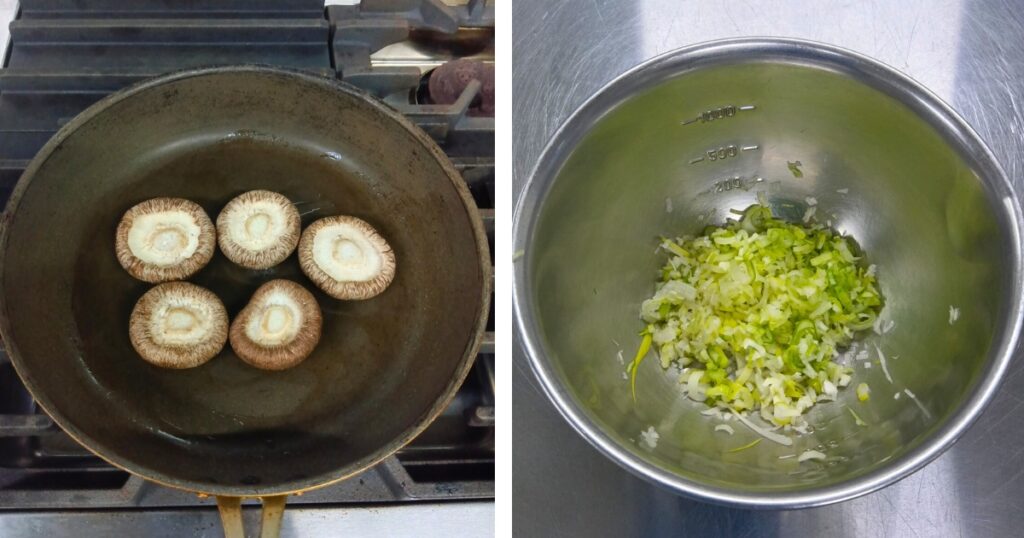 トライアングル農園の牛タン風ネギ塩しいたけに使う、刻み白ネギと調味料を混ぜたネギ塩だれの下ごしらえと肉厚しいたけをフライパンで焼く様子。