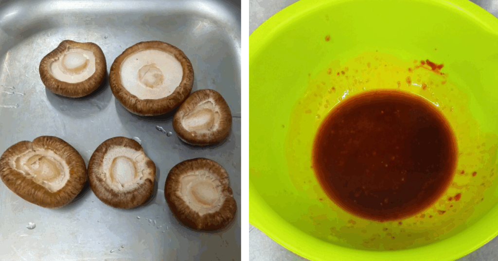 トライアングル農園の肉厚しいたけ。調理前の下ごしらえの様子。ユッケだれを混ぜ合わせたボウル。豆板醤と麺つゆの香りが広がる。