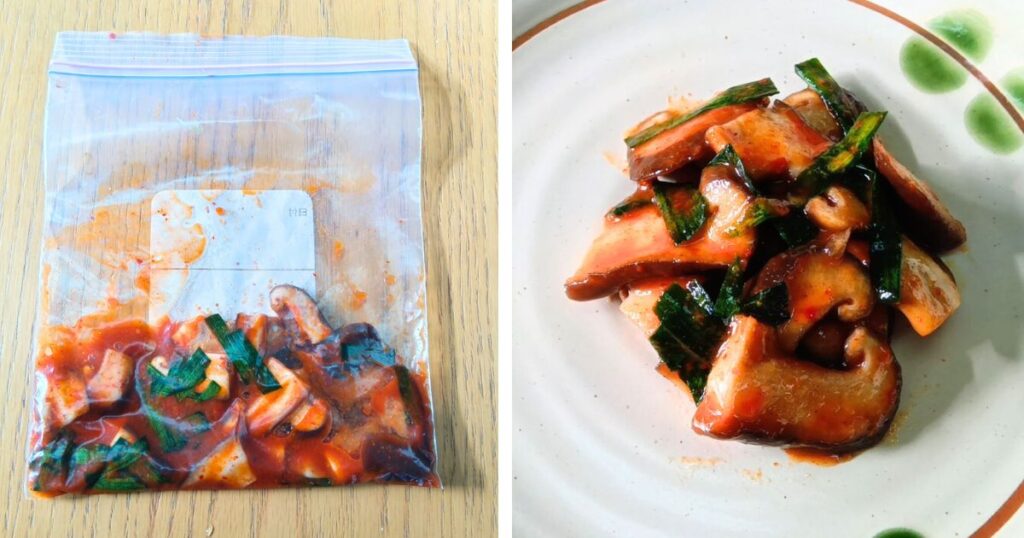 干し椎茸とニラ、キムチの素を袋で和えて漬け込む椎茸キムチの仕込み工程