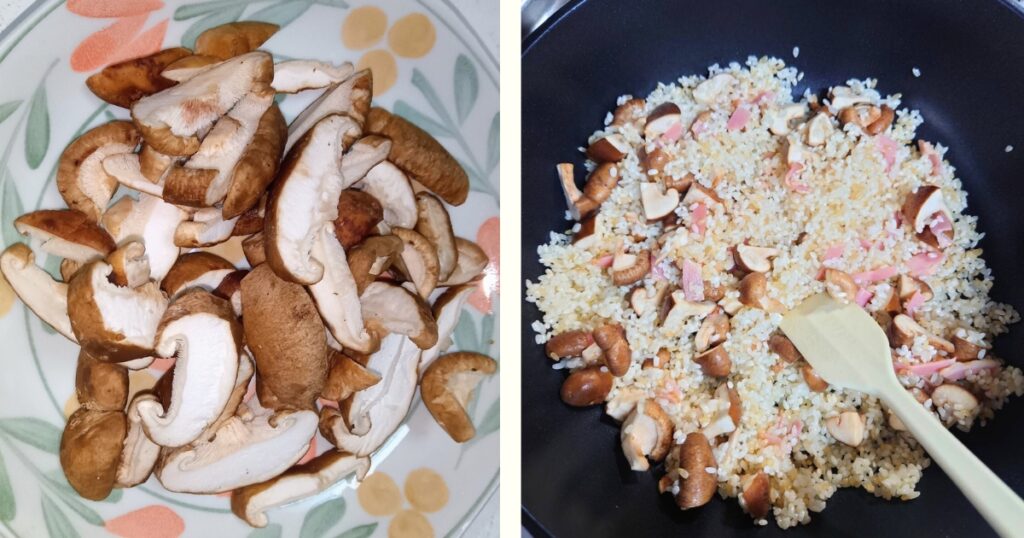 とらいあんぐる農園の肉厚しいたけと米をフライパンで炒めている調理工程。和風ピラフのレシピ手順