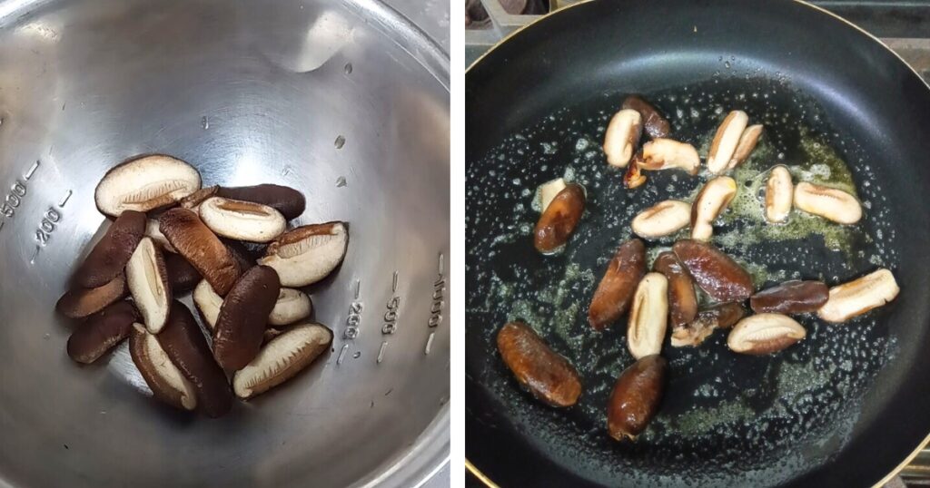 下処理したとらいあんぐる農園の椎茸をボウルに入れた調理前の様子　とフライパンでバターと一緒に焼いている椎茸の調理工程。