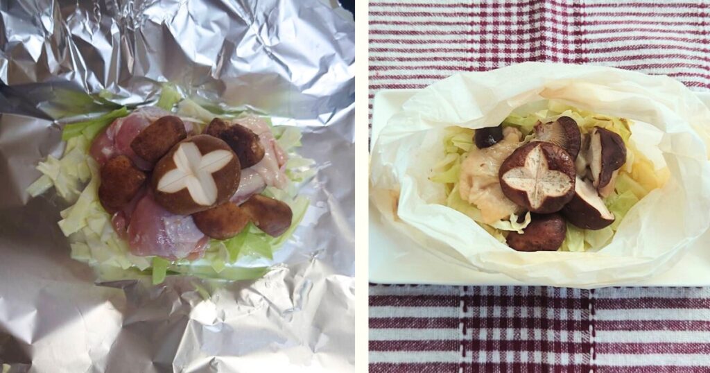 鶏肉としいたけのホイル焼き調理工程とクッキングシート包みの比較写真。とらいあんぐる農園の椎茸を使った簡単オーブンレシピ。