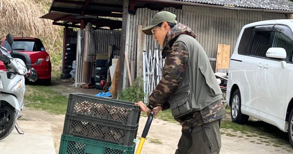 収穫した椎茸をコンテナで運ぶ農園スタッフの様子