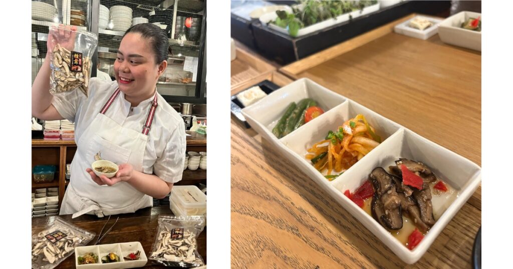フィリピン・マニラの日本食レストランIKOMAIのスタッフが、とらいあんぐる農園の干し椎茸を手に笑顔を見せている様子とIKOMAIのランチで提供された惣菜3点セット。右端にはとらいあんぐる農園の干し椎茸を使った甘辛煮が盛り付けられている。